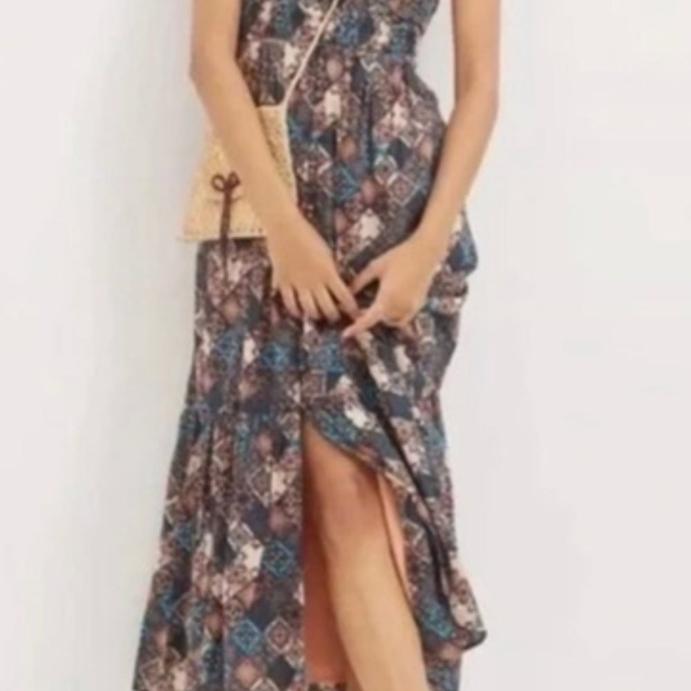 Anthropology Tile-Print Maxi Dress in Blue and Brown
